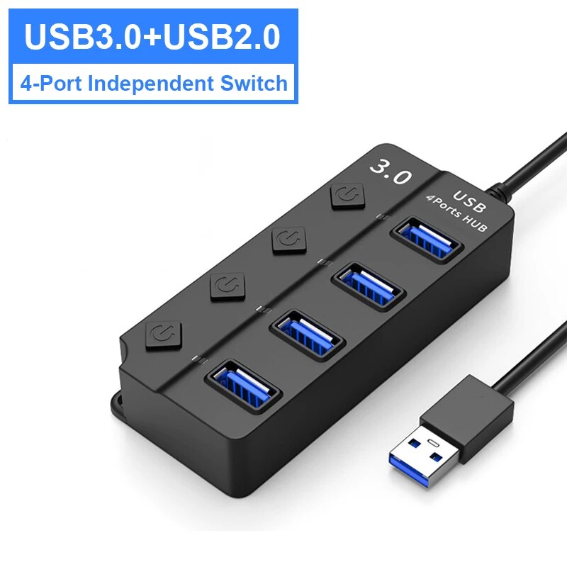 HUB USB 3.0 USB Splitter 2.0 Adaptador USB 4 en 1 Extensor de interruptor de alimentación independiente multipuerto Cable de 30 CM: Default Title