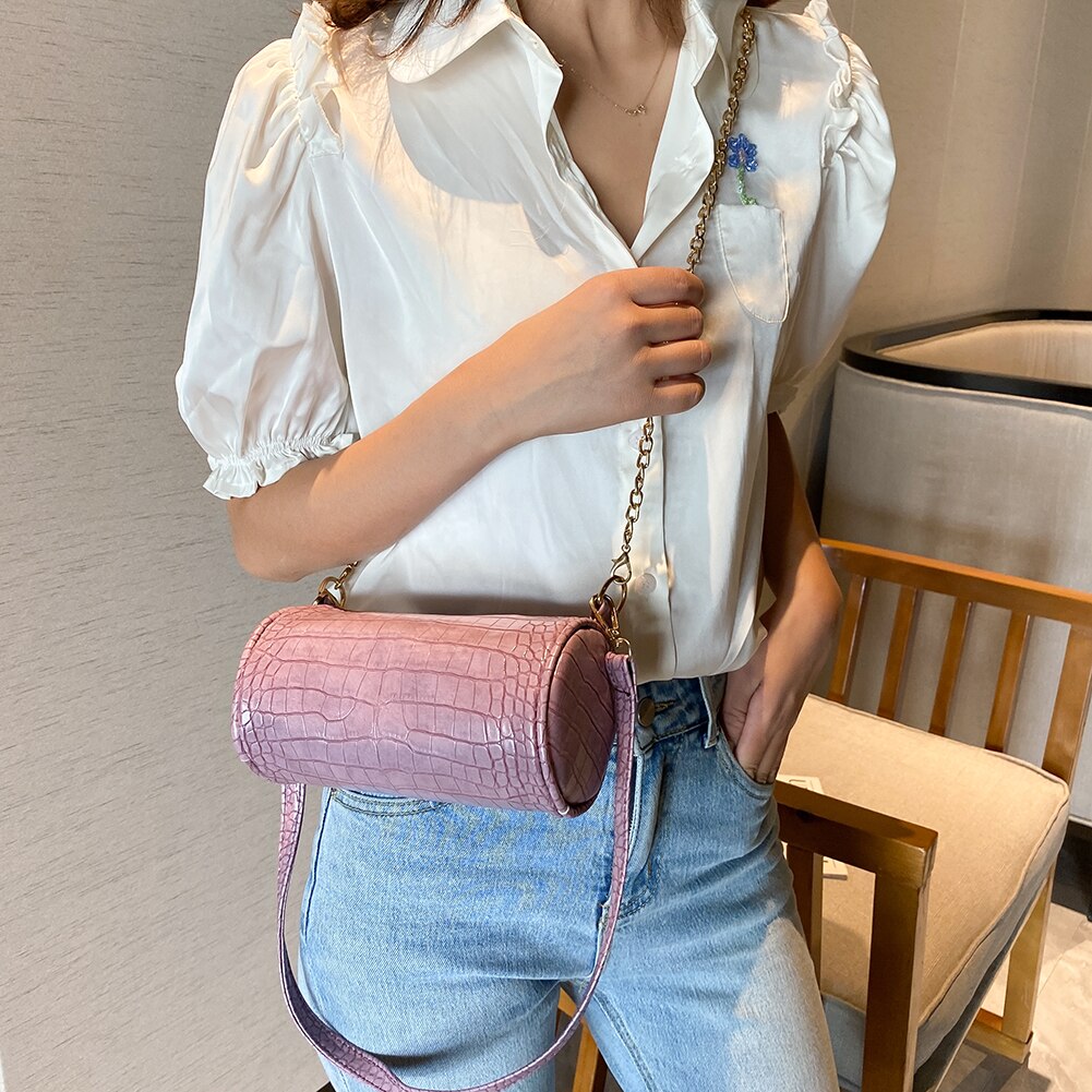 Bolso cruzado con forma de cilindro a la para mujer, Mini bolsa de hombro con cadena, de piel de cocodrilo, informal,