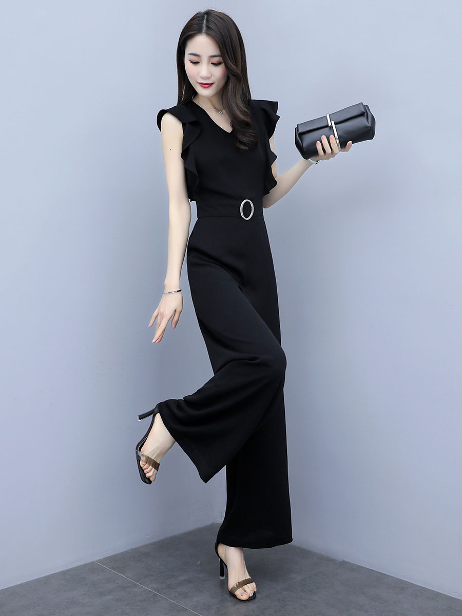 Zwarte Elegante Office Lady Solid Ruffle Mouwloze Rompertjes Zomer Werkkleding Vrouwen Jumpsuits