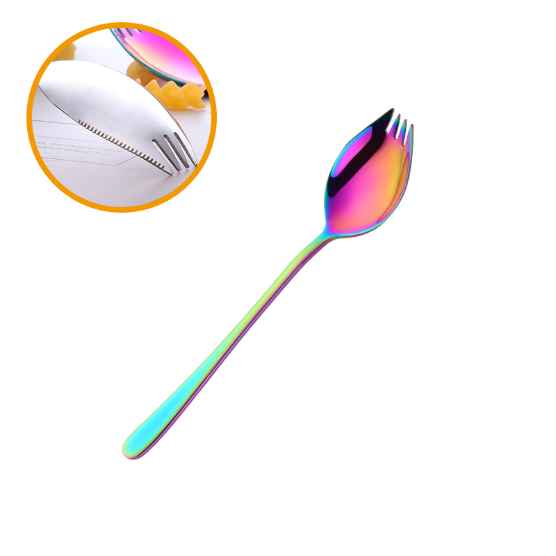 Ske gaffel genanvendelig langt håndtag salat ske rustfrit stål 3 in 1 dessert gaffel skeer servise: Regnbue nr. .0