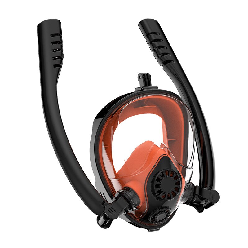 Anti-condens zwemmasker voor volwassenen, dubbele ademhalingsbuis, siliconen snorkelmaskers, duikbril met camerabevestiging: Zwart oranje / L/xl