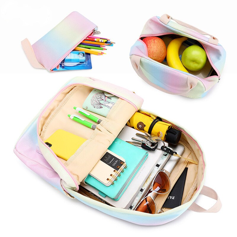 3 pcs/set rainbow gradient backpack women Waterproof Oxford back pack bagpack student backbag Composite Bag