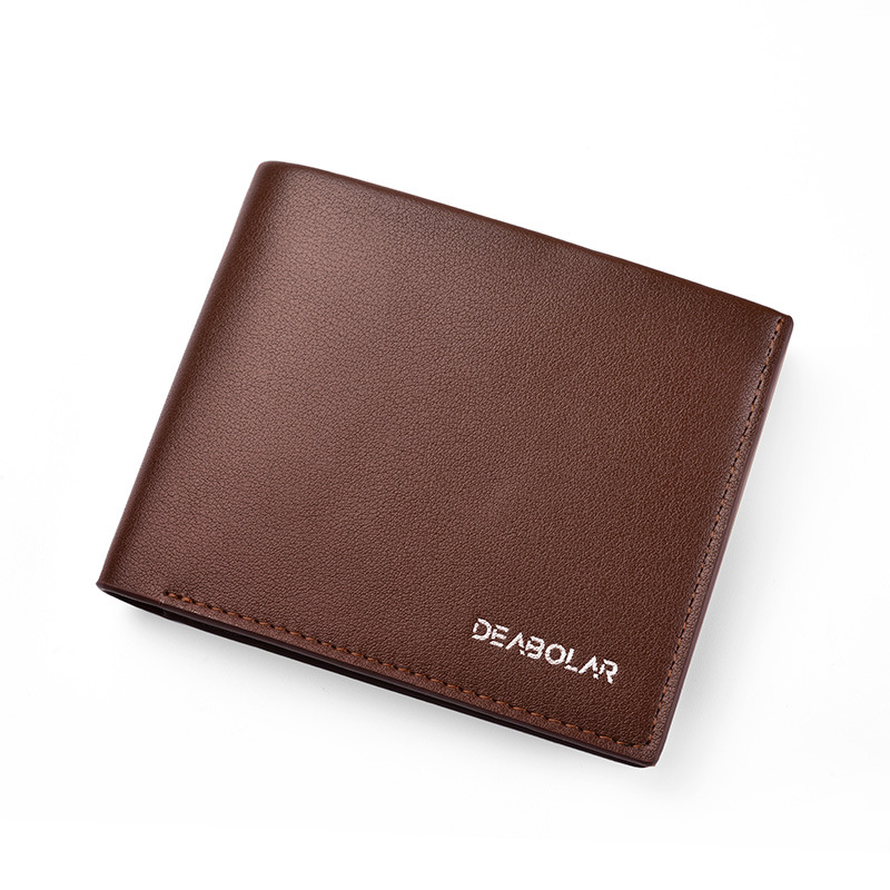 Men's Solid Color Horizontal Short Style Leather Wallet with Multiple Card Slots and A Clear ID Window for Students: Brown