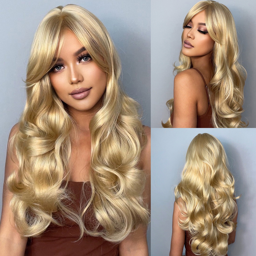 Alan eaton lang naturlig bølge parykk for kvinner ombre svart brun gylden blond syntetisk parykk med pannelugg cosplay varmebestandig hår