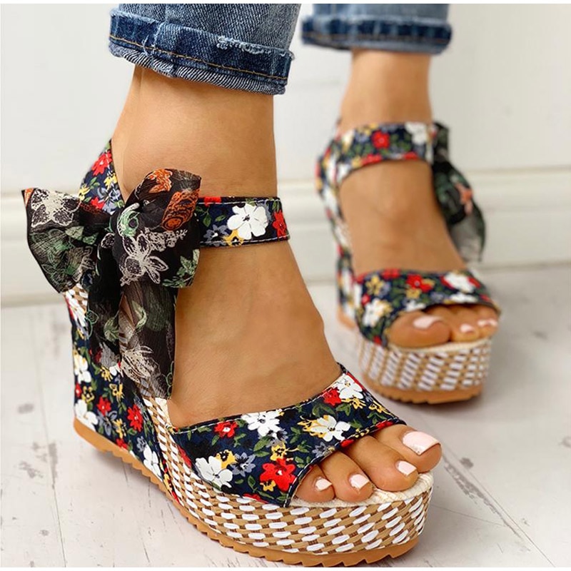 nouvelle plage d'été Boho sandales à talons compensés à fleurs femmes bride à la cheville plate-forme gladiateur chaussures femme talons hauts Sandalias Mujer