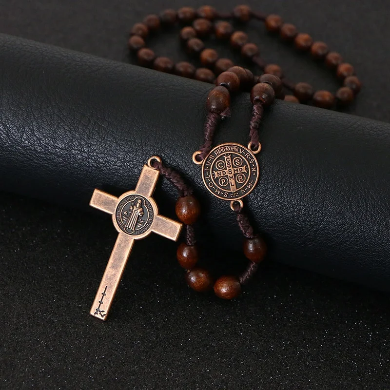 Chrystus Jezus Drewniane koraliki 8mm Różaniec Koralik Krzyż Samochód Wisiorek Tkany Łańcuch Naszyjnik Religijna Ortodoksyjna Biżuteria Modlitewna