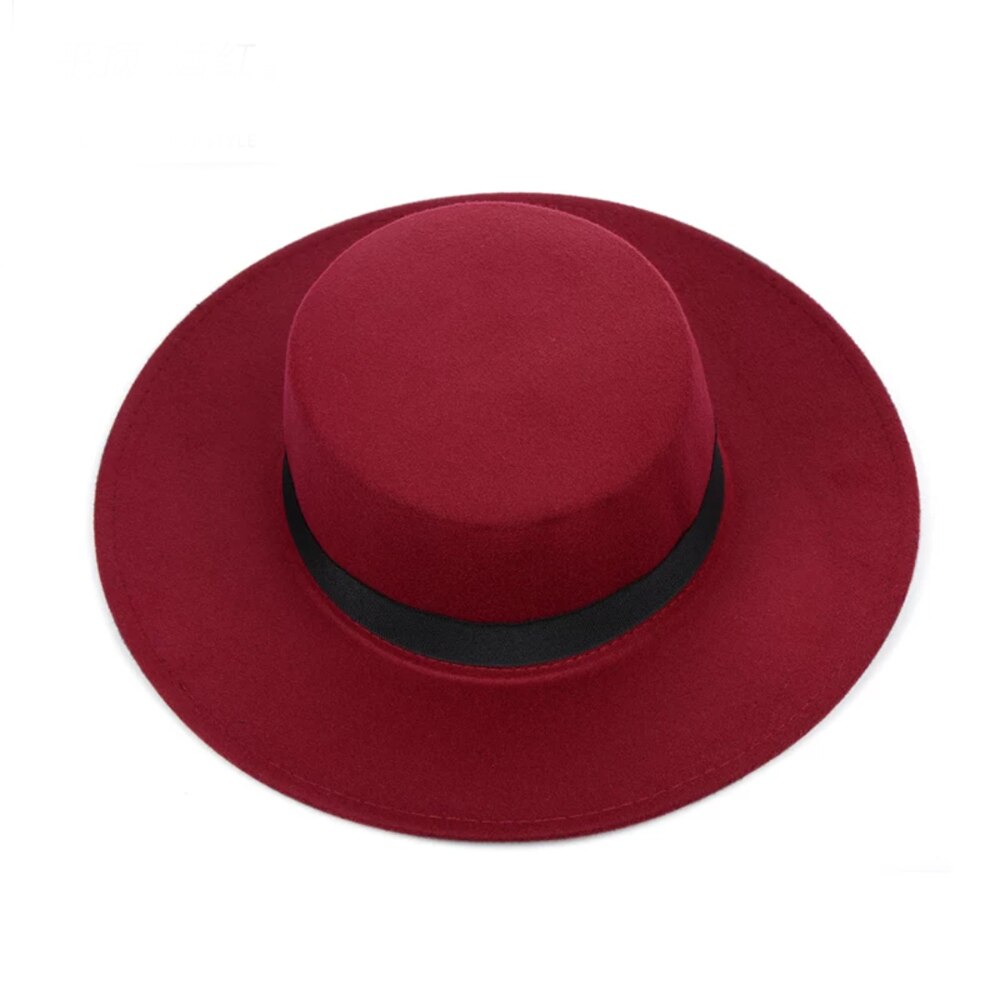 Klassisk ensfarvet filt fedoras hat bælte til mænd kvinder blanding jazz kasket bred skygge enkel kirke derby flad top hat mujer: 4