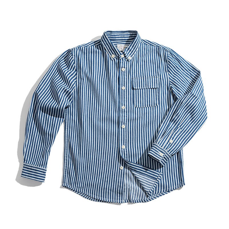 Retro blue white denim rough vertical striped shirt long-sleeved lapel Slim all-match male shirt: S