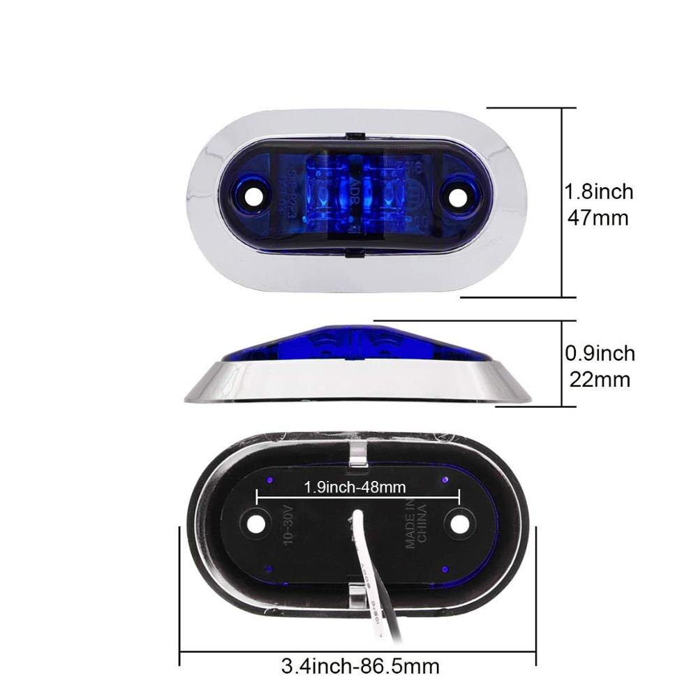 Fuleem 10PCS Chrome Bezel Blue LED 2.5INCH 2 Diode Light Oval Clearance Trailer Truck LED Side Marker Lamp 12V 24V Waterproof
