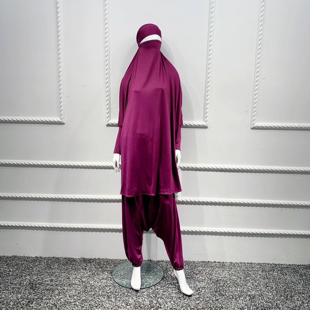 2 sztuka zestaw modlitwa odzież pełna pokrywa sukienka Abaya Eid Ramadan muzułmański islamski długi Khimar Jilbab szaty kobiety workowate spodnie haremki: Dark Purple