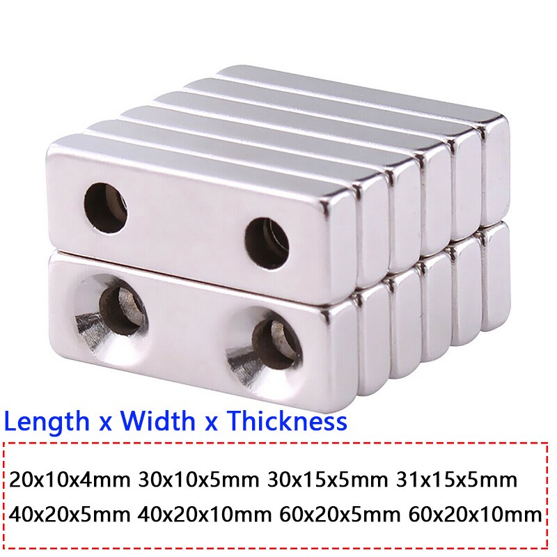 Rektangel kraftfulla magneter med dubbla hål 20 x 10 x 4mm ~ 60 x 20 x 5mm neodymmagnet sällsynt jordartsmetall permanentmagnet