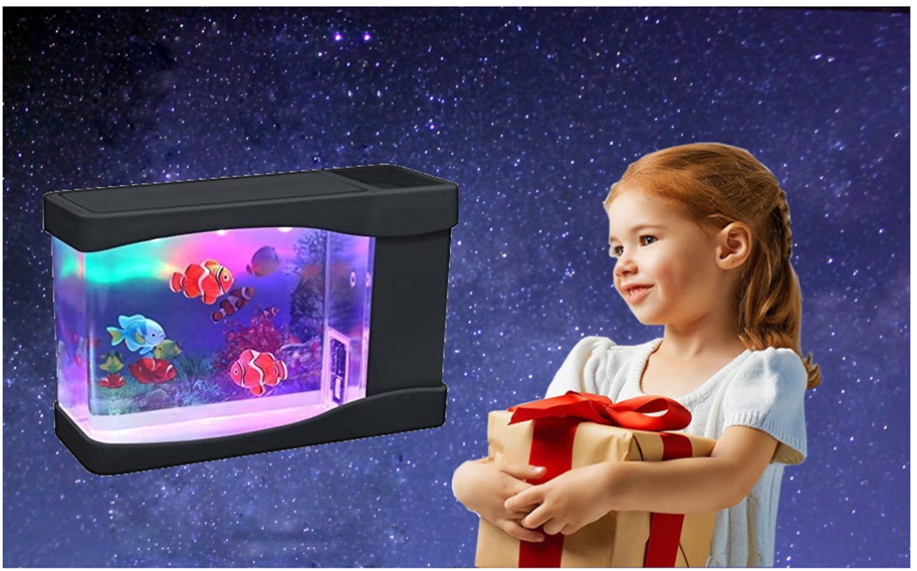 Lightaad – Mini Aquarium artificiel, boîte de poisson de natation avec LED multicolore sensorielle avec bulles
