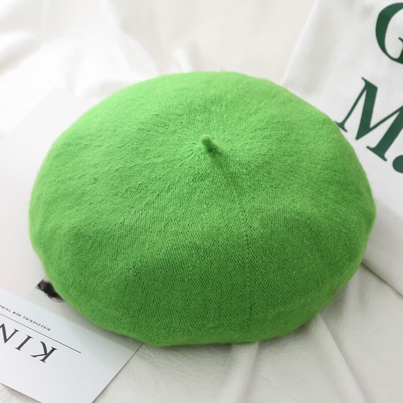 21 Kleuren Lady Herfst Winter Baret Hoed Schilder Hoed Vrouwen Wol Vintage Baretten Effen Kleur Caps Vrouwelijke Motorkap Warme Wandelschoenen cap: green