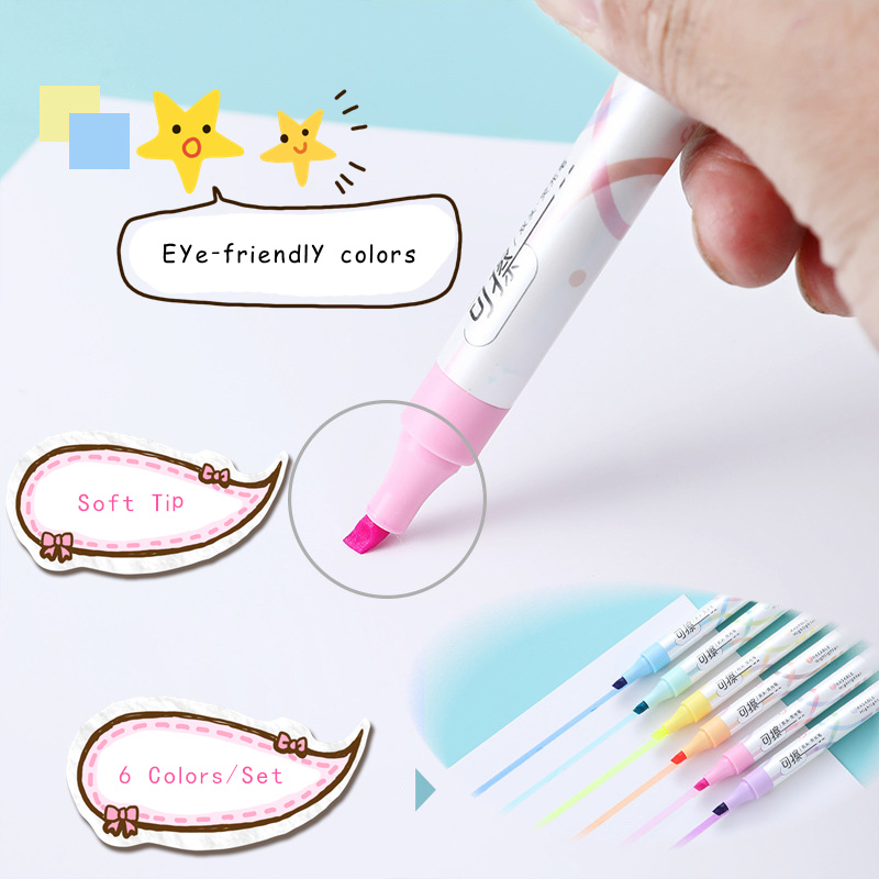 Juego de 6 resaltadores borrables Kawaii de colores, notas de doble cabeza para tomar el forro, marcadores de 4mm de espesor, bolígrafos fluorescentes para notas