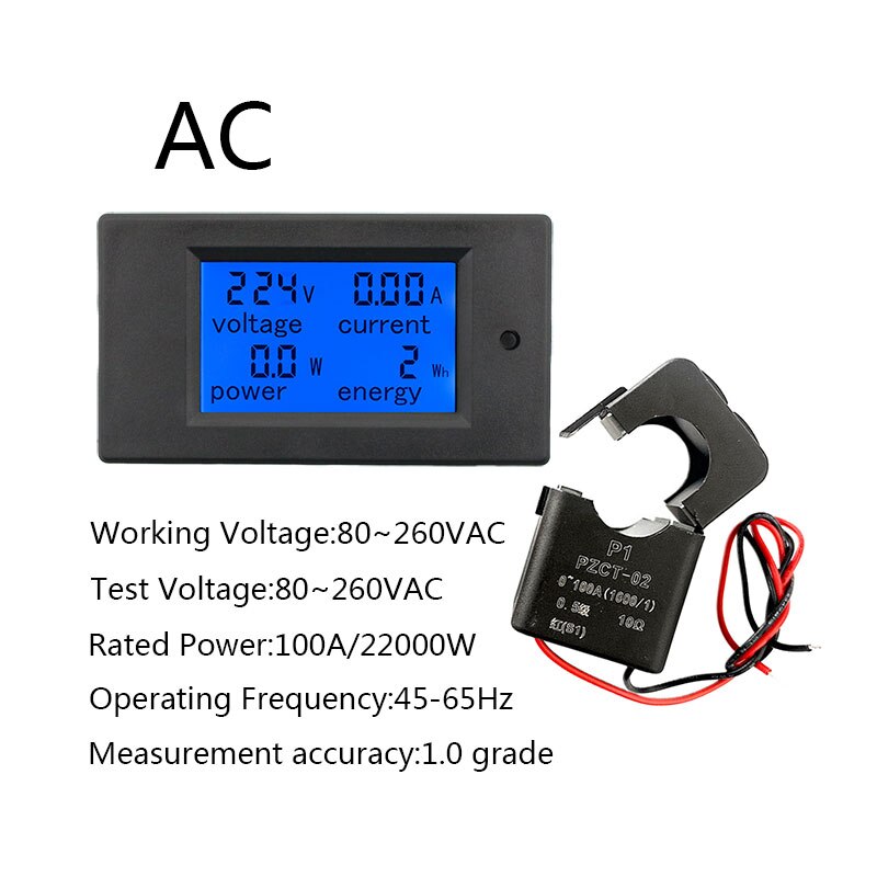 20A 100 EINE AC 80-260V DC 6,5-100 V Digitale LED-anzeige Voltmeter Amperemeter Wattmeter Energie energie Meter 12V 24V 110V 220V Volt Tester: 100A Meter OCT Spule
