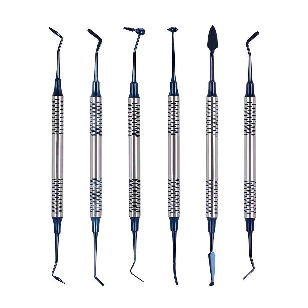 6Pcs Dental instrument Composite Resin Filling Spatula Titanium Plated Head Filler Thick Handle Restoration Set Dental tool set: Blue