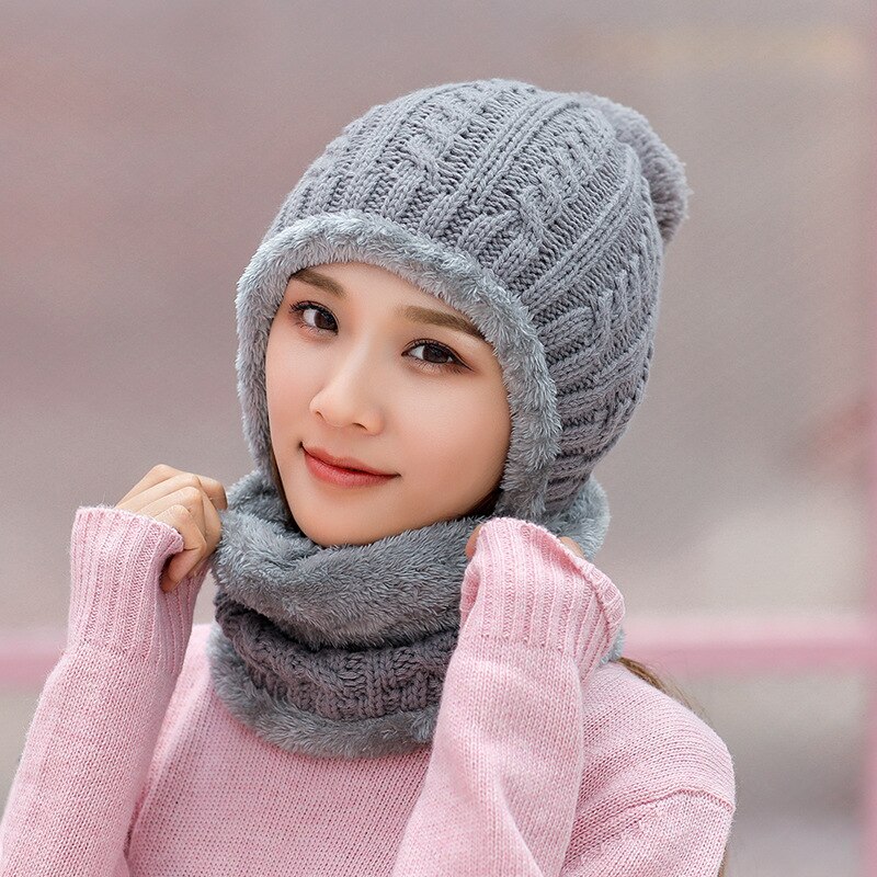 Fleecefodrad varm mössa dam stickad mössa vintermössa scarfset vintermössor för dam skullies mössor huva