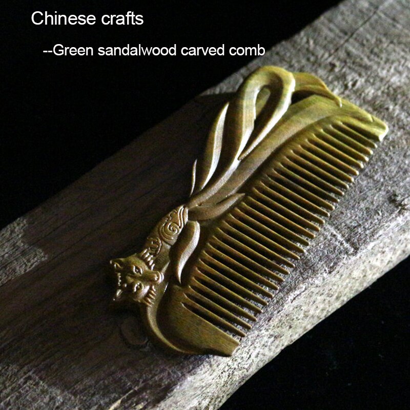 Artisanat chinois Portable renard Double face sculpté bois peigne cheveux vert santal peigne en bois naturel peigne pour fille