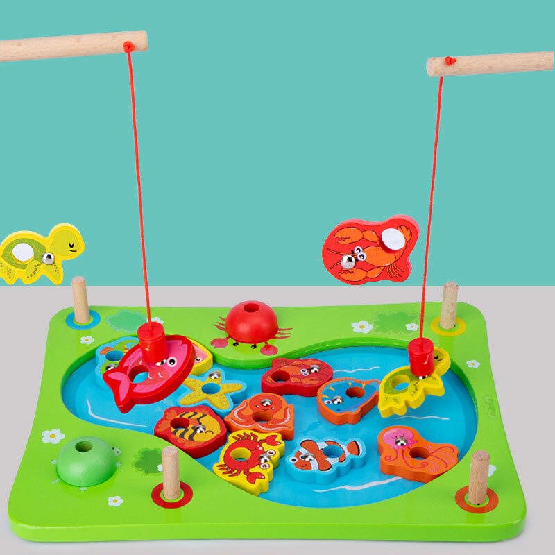 Kinderen Educatief Houten Dubbele Pole Vissen Magnetische Game Ouder Kind Interactieve 3d Vis Onderwijs Speelgoed Outdoor Funny Speelgoed