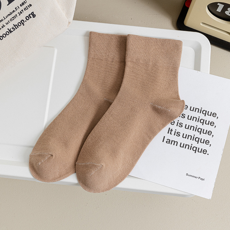 Women's Crew Socks Spring Japanese Style Breathable Casual Short Socks For Women Ladies Plain Socks Thin: Khaki