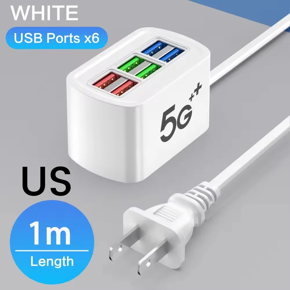 6 chargeur USB multiprise universelle charge rapide prise US/EU chargeur de téléphone prise adaptateur d'extension câble électrique prise de Table: Black