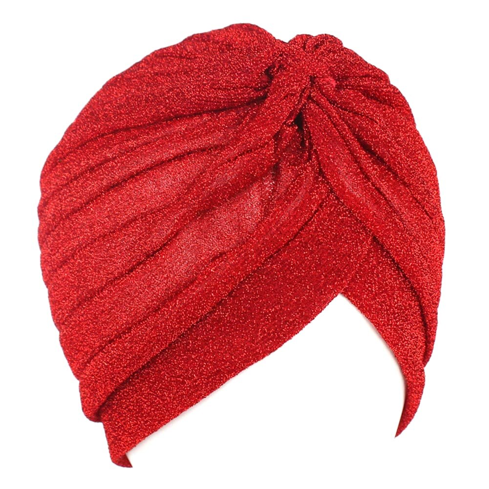 Snoet turban kasket kvinder mænd skinnende muslim hijab kvinde guld sølv glitter hovedtørklæde afslappet ensfarvet indisk hat: Rød