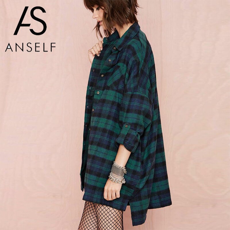 Anself femmes grande taille chemises à carreaux femme surdimensionné chemise Tartan poche col rabattu à manches longues coton décontracté femme hauts