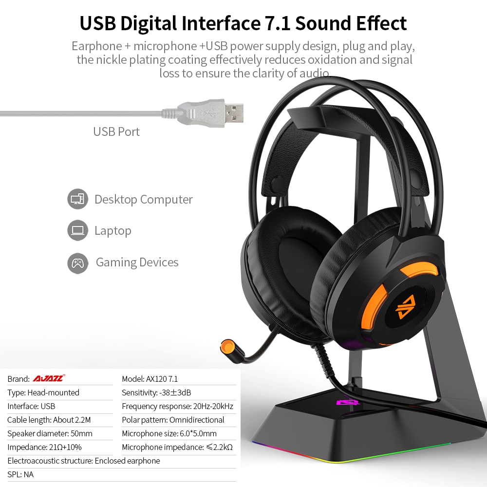 Auriculares para juegos de jazz AX120-7,1 canales estéreo con cancelación de ruido en la oreja, auriculares con micrófono y bajo envolvente, orejeras de memoria suave