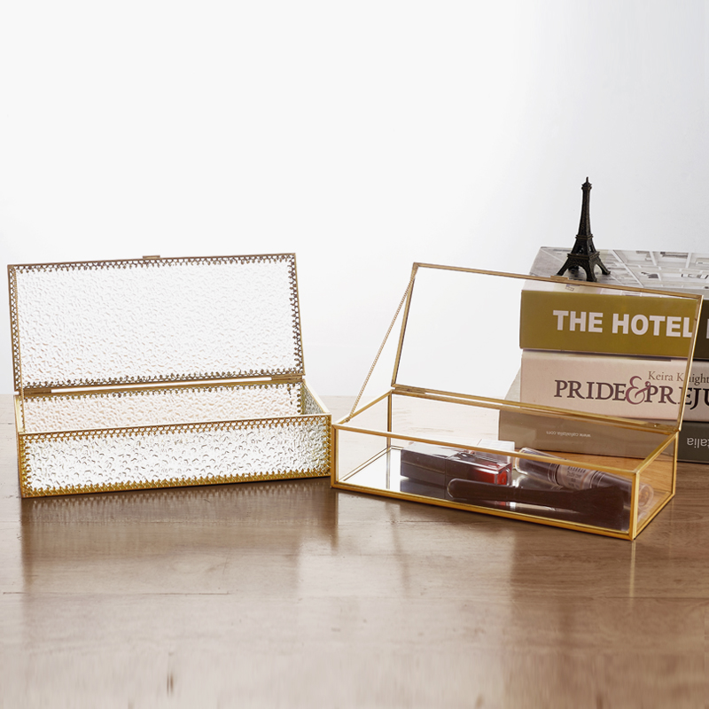 Joyero de cristal con borde dorado para el hogar, caja de almacenamiento de joyería, con , Simple y Retro, para exhibición de boda, decoración de escritorio