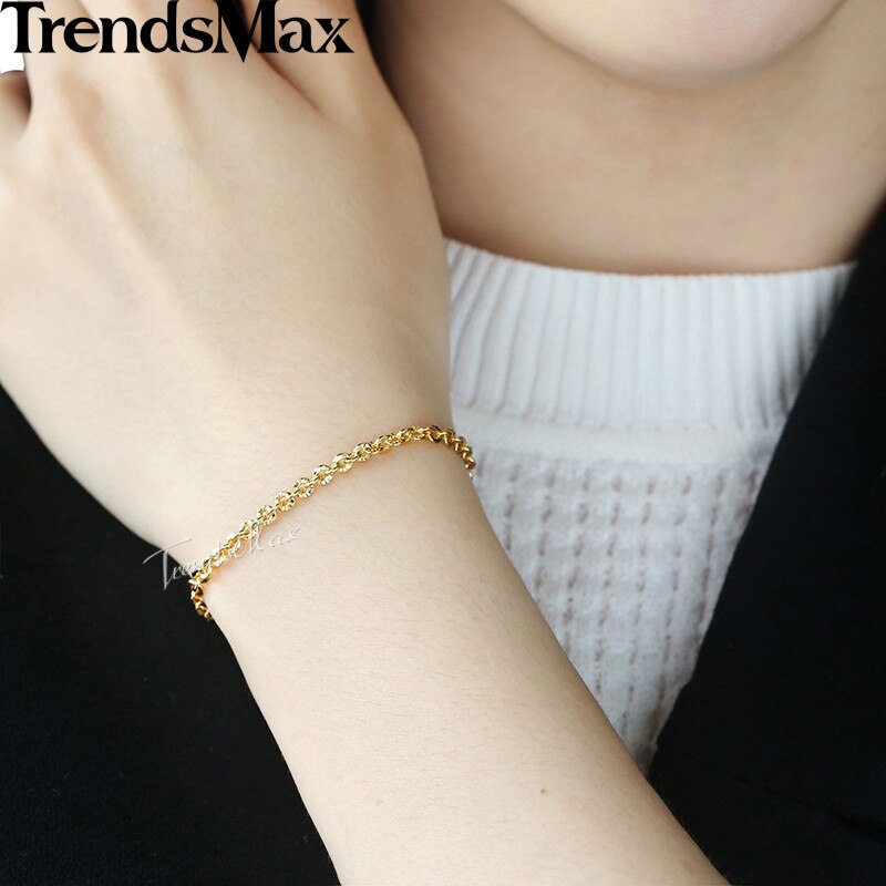 Trendsmax 3mm armbånd til kvinder piger 585 rose guld rolo link kvinde armbånd smykker 18cm 20cm 23cm gb395
