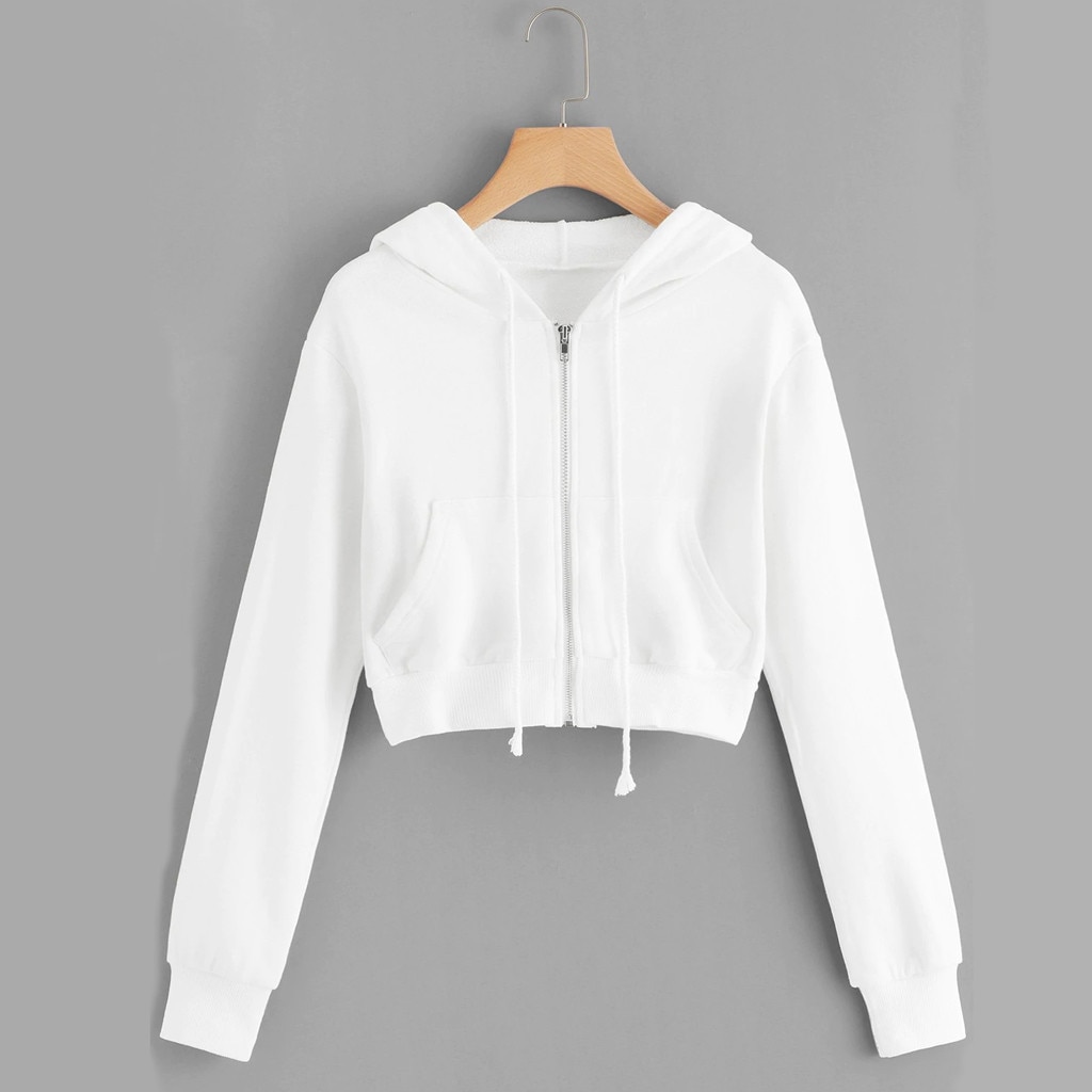 Sudadera con capucha para mujer, camisa informal de manga larga con bolsillos y cremallera, ropa para Parte Superior Femenina, color blanco, 40 #
