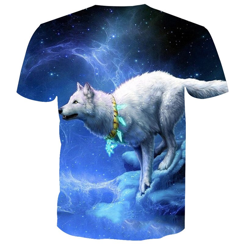 Green decoration white jumping wolf blue starry sky print 3D short sleeve T-shirt