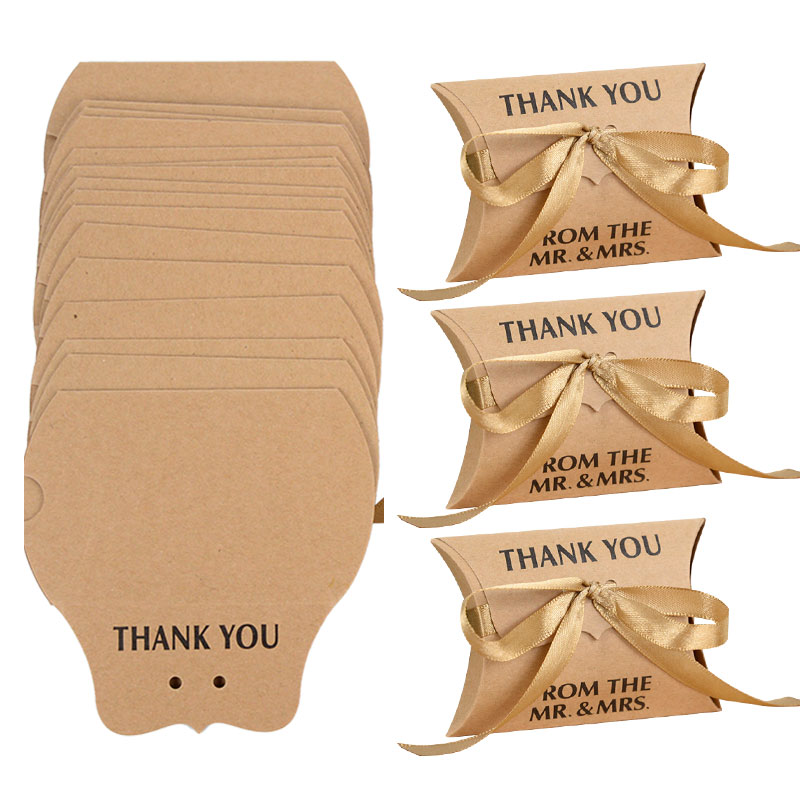 10/20Pcs Pillow Candy Case Cute Kraft Paper Thank You Boxes With Ribbon For Wedding Favors Packaging Boxes Decorations