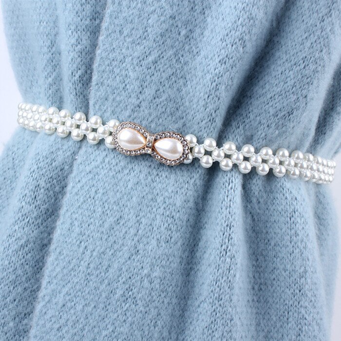 Correa de cadena fina con sello de elasticidad elástica de la cintura blanca para mujer, diamantes de imitación y perlas para decoración de falda, fajas de ,: 1