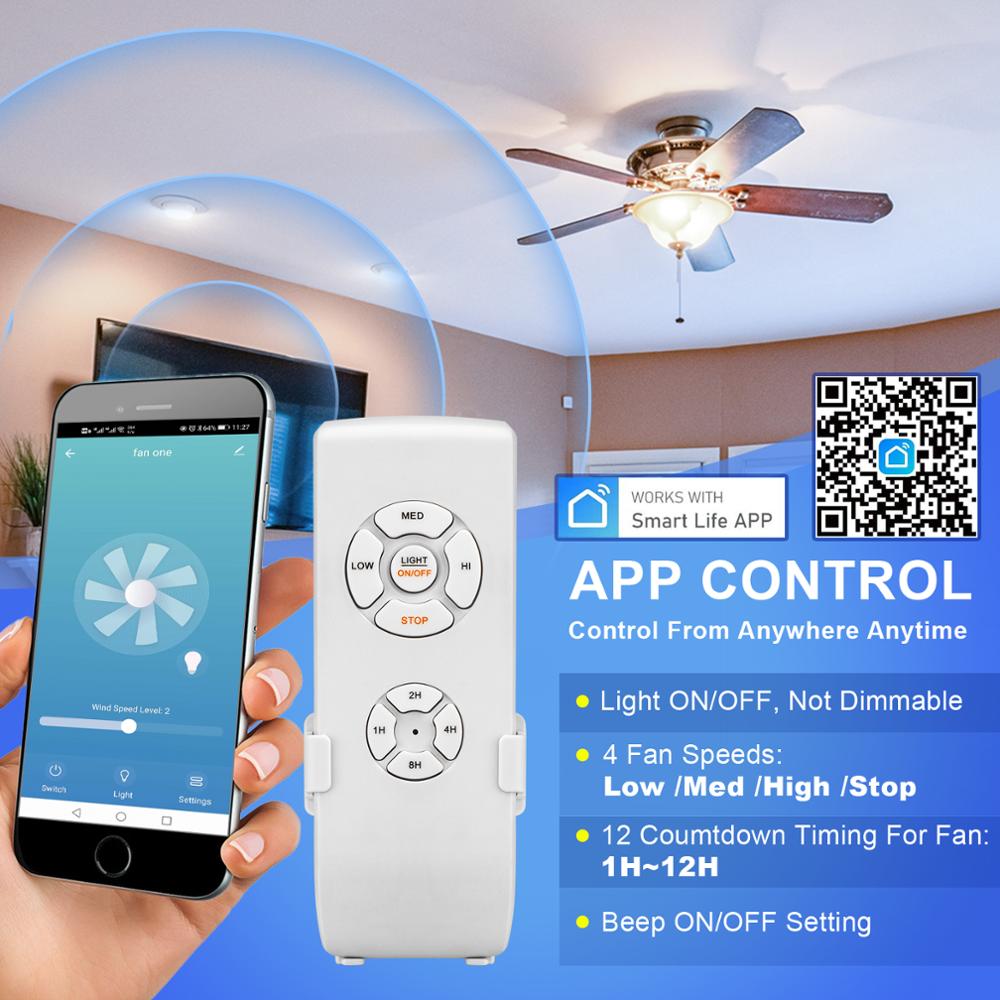 Smart WiFi Ceiling Fan Remote Control Kit, Small Size and Universal, 4 Speeds & 12 Countdown Timing, Compatible with Alexa