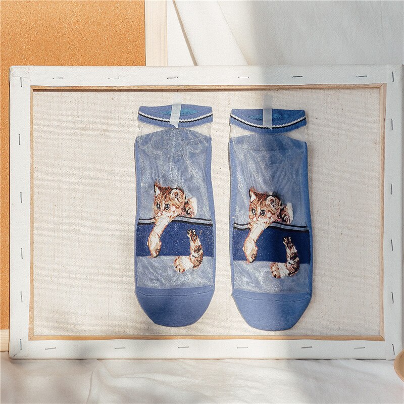 Damessokken lente cartoon katten koreaanse stijl trendy dunne zomer casual enkelsokken bedrukte vrouwelijke grappige sokken: Blauw