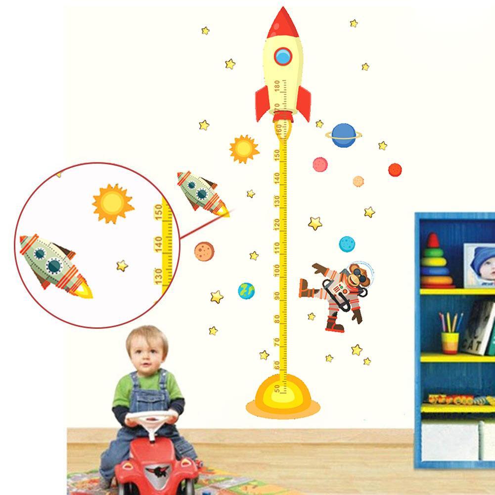 1 Pc Diy Outer Space Planet Aap Pilot Raket Decal Hoogte Meet Muursticker Voor Kinderkamer Baby Nursery Groei grafiek