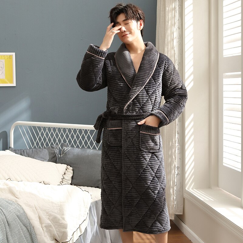 Homens Roupão de banho Casa de Banho Flanela Malha Acolchoado Robe Spa Longo Macio E Confortável Causal Sólida Masculino Robe L-XXXL