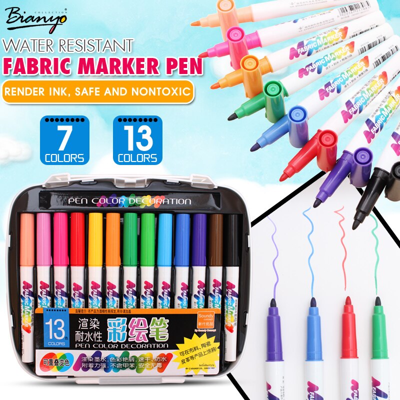Bianyo 7/13 farver stof tekstilmarkør akvarel skitse pen sæt til kunstner t-shirt maleri liner skole papirvarer leverancer