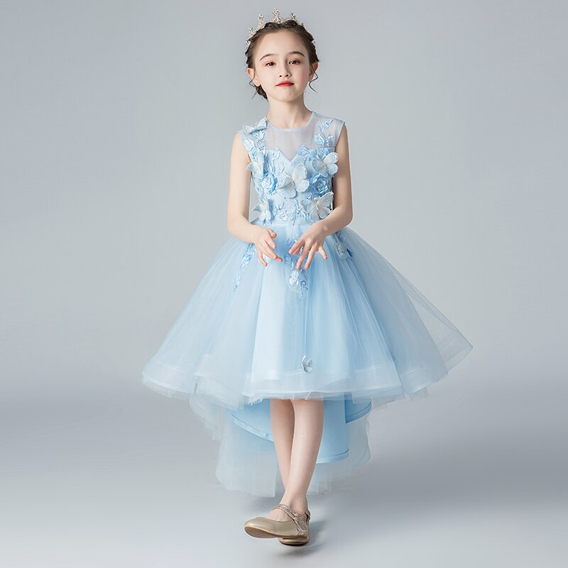 Cielo azul tul niñas apliques vestido de flor niña vestido para boda niños traje de desfile princesa vestidos de primera comunión