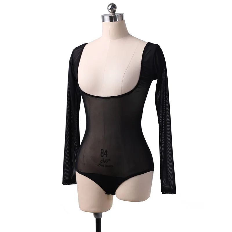 Dames lange mouw doorzichtige mesh pure crop top blouse shirt pull-on bodycon tee danser basiskleding sexy transparant naakt rood: Deep Purple