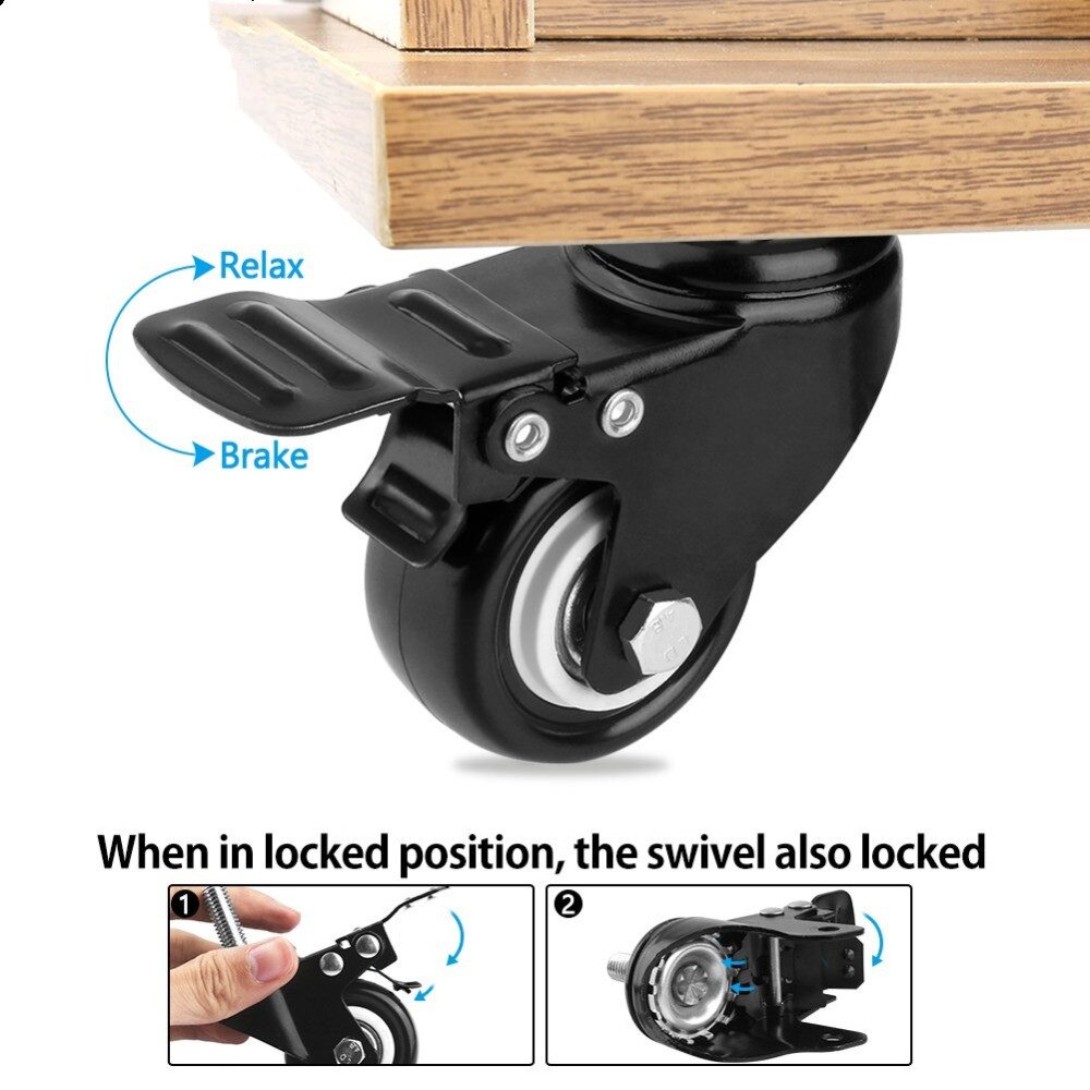 1Pcs Heavy Duty 1.5 "/2" Zwenkwiel Wielen Draadstift Met Rem Trolley Meubels Caster M8/M10 Schroefdraad Stem En Noten