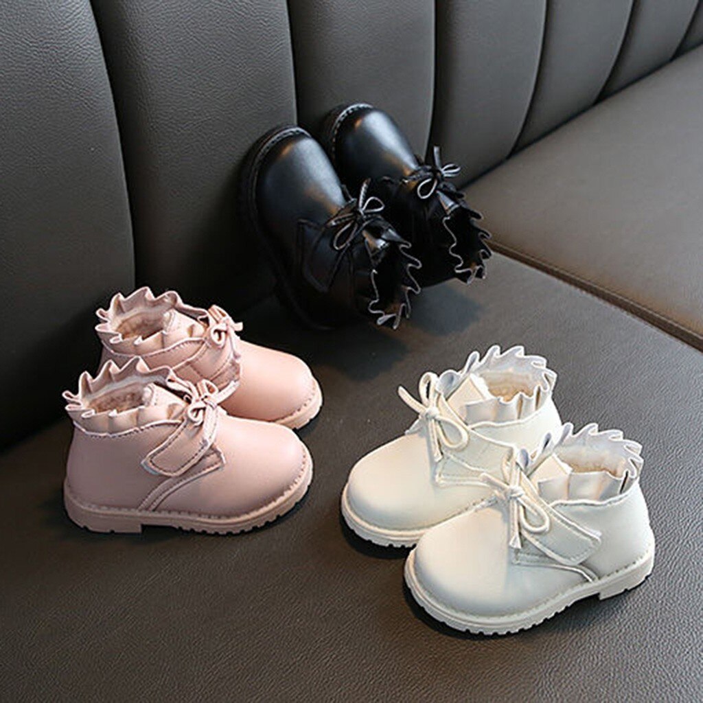 Botas de neve para meninas, botas de couro com babado, laço, cores sólidas, quentes, espessamento, para o inverno, botas de princesas