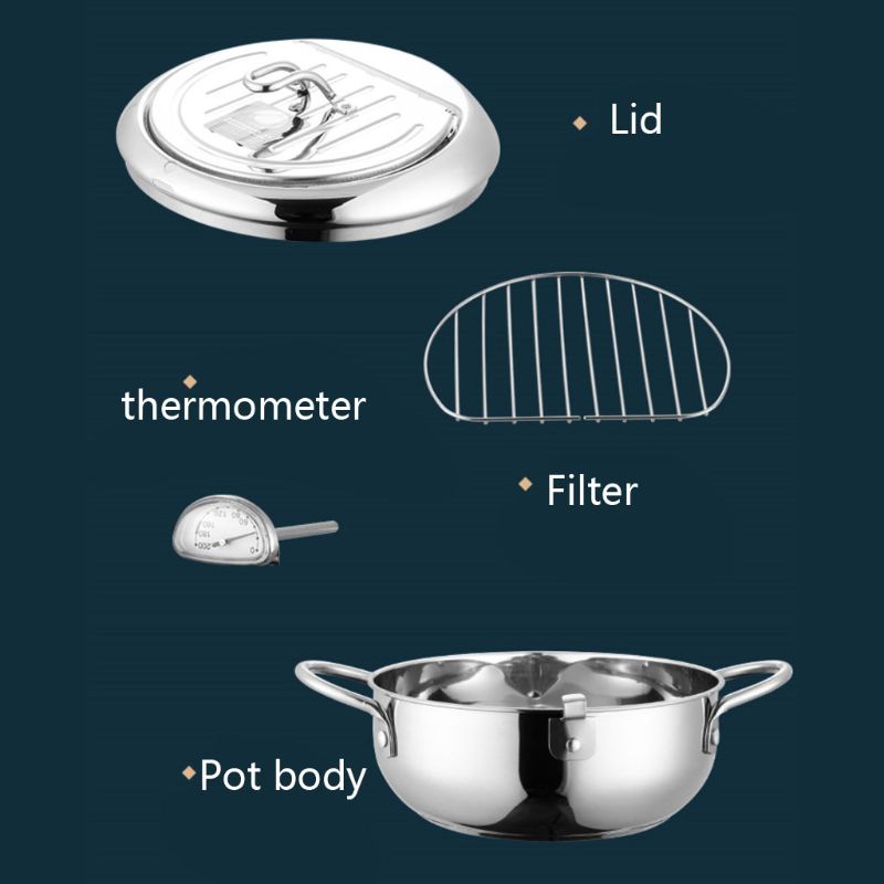 Olla de acero inoxidable duradera con termómetro, sartén de estilo japonés con tapa de estante de goteo de aceite, alta temperatura