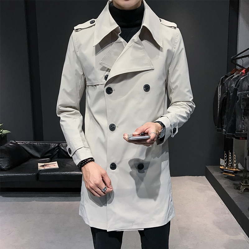 Gabardina con doble botonadura para hombre, gabardina blanca, abrigos largos británicos, capa inglesa, cortavientos clásico,