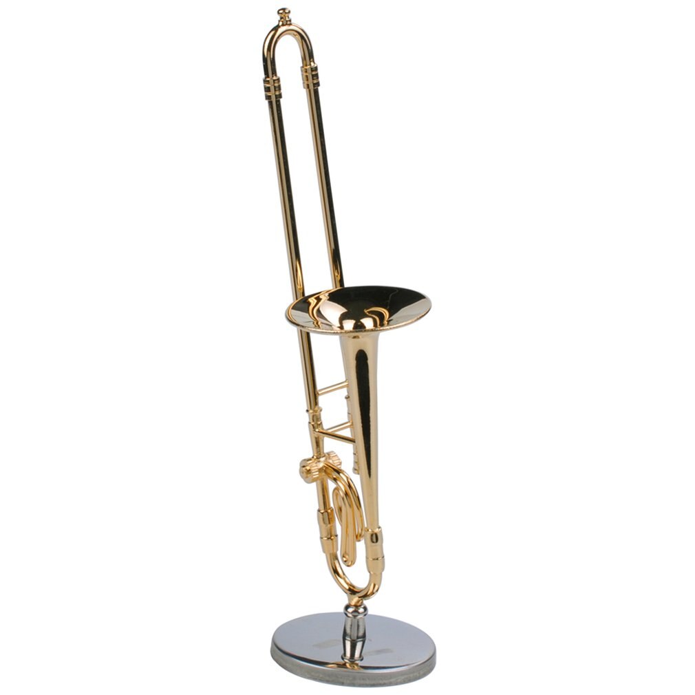 TSAI Mini Trombone With Stand Base Musical Instruments Fine Goldplated Craft Miniature Trombone Home Decoration Ornament