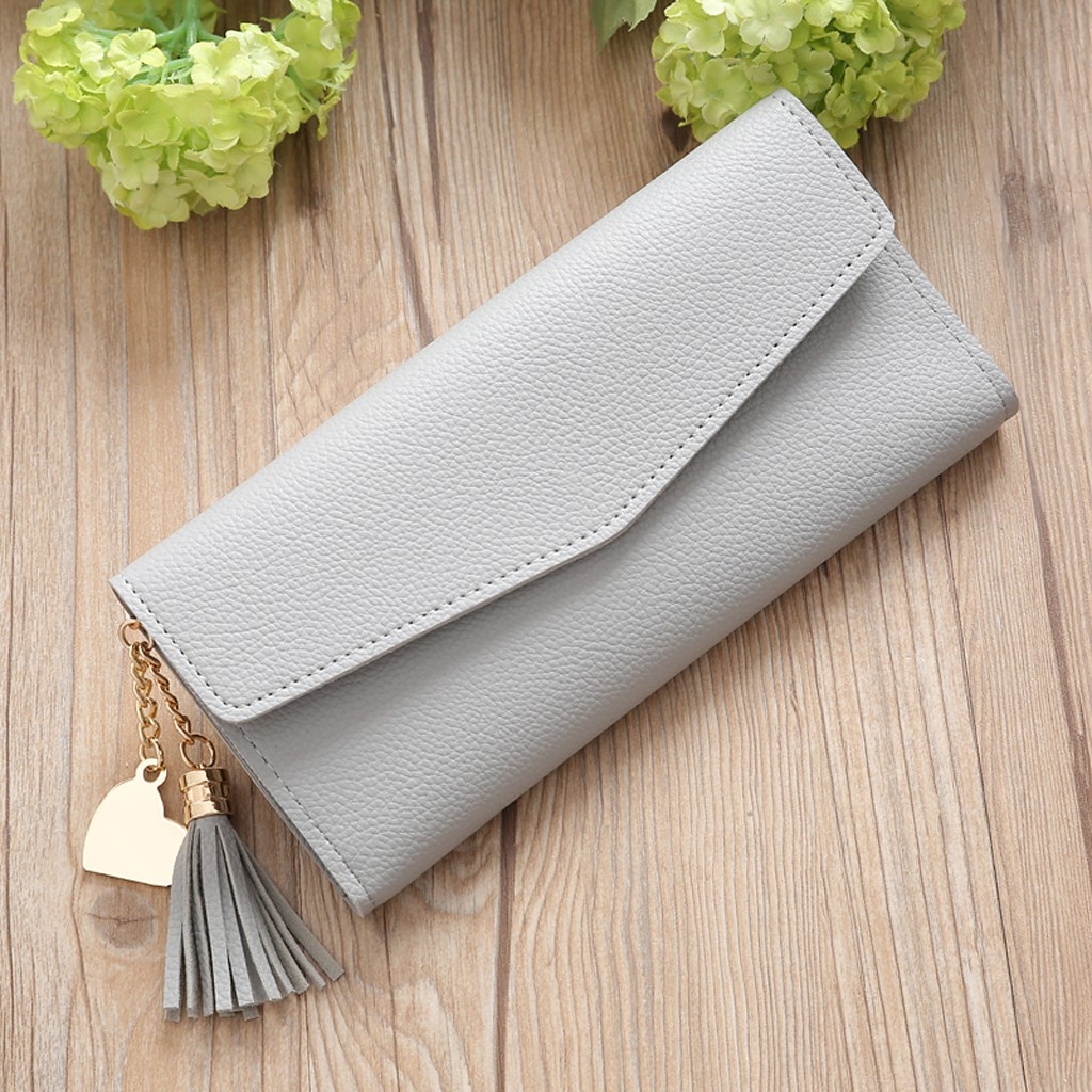 Women's trend solid color long fringed leather simple card bag Fringed long wallet кошелек женский натуральная кожа: Gray 