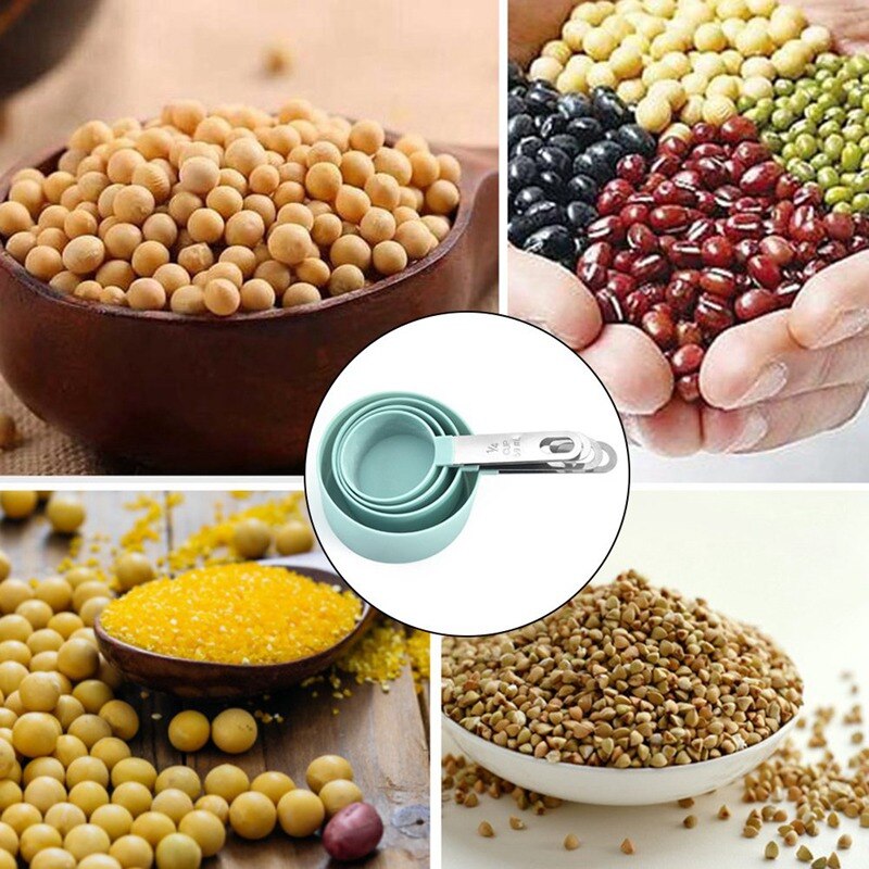 Juego de 4 cucharas y vasos medidores de cocina con mango de acero inoxidable, perfectas para herramientas para hornear fuentes de horno, utensilios de cocina