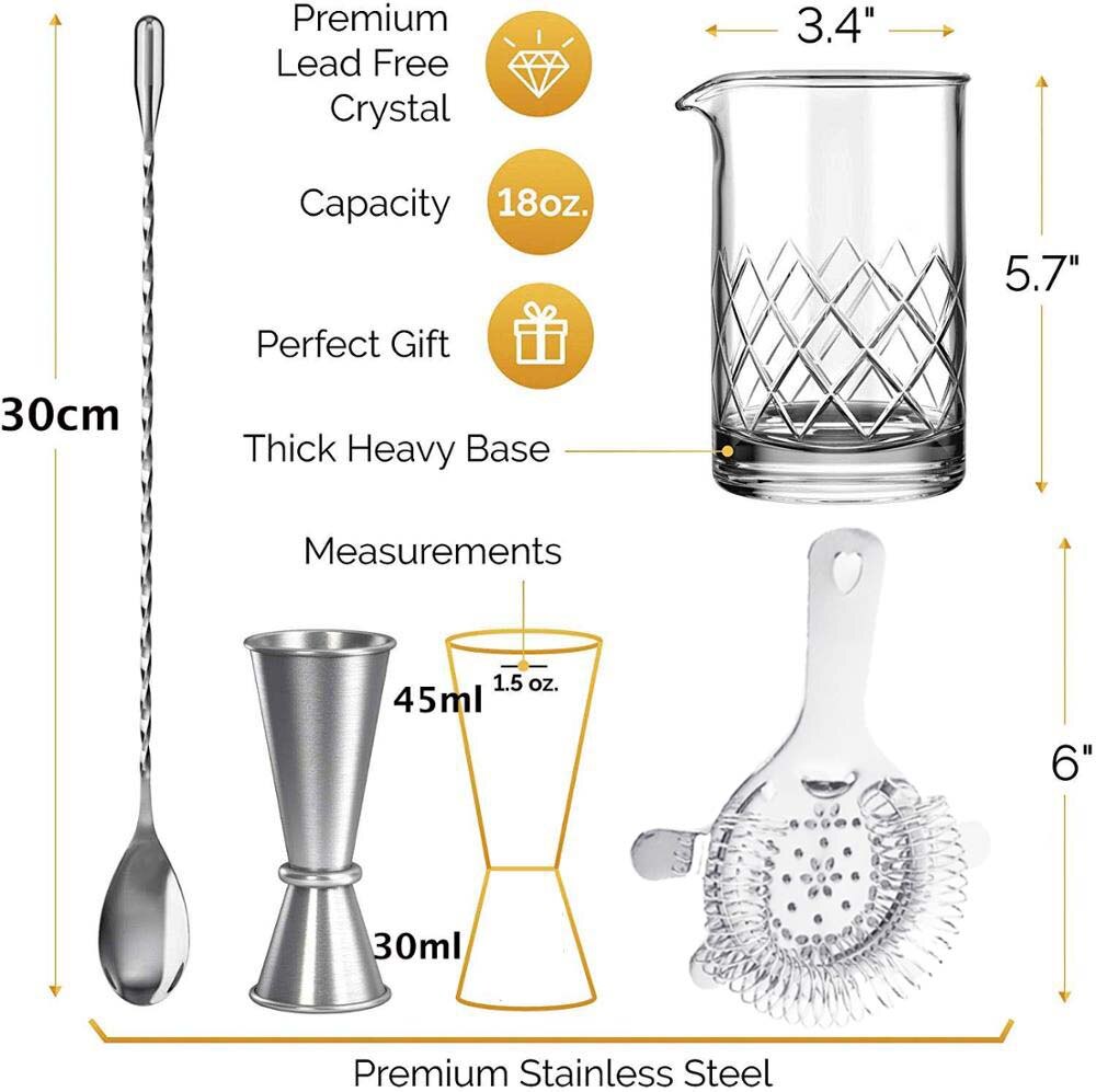 Cocktail Mixing Glass Set - Includes Mixing Spoon, Strainer, Jigger and 18oz 550ml Cocktail Glass - Sturdy, Thick Base: Default Title