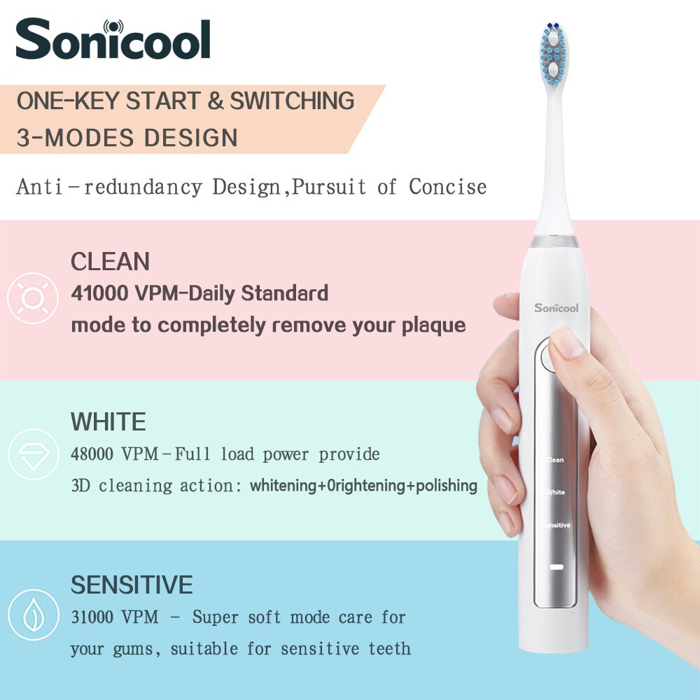 Sonicool 051B Electric Toothbrush Sonic USB Rechargeable Ultrasonic Three Modes Tooth Brushes With 4 Pcs DuPont Brush Heads